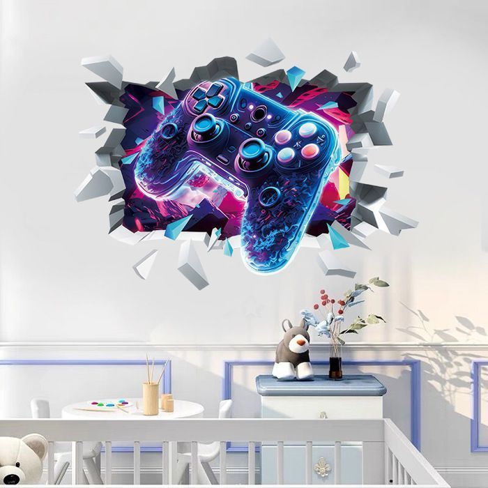 Stckers 3D Gamer / Autocollant 3D/ Décoration murale CLOLELIE 60cm x40cm Style Gamer Manette de jeux vidéos.