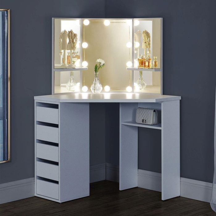 coiffeuse angle bois blanc - éclairage led - miroir - tiroirs - planches - table de maquillage moderne