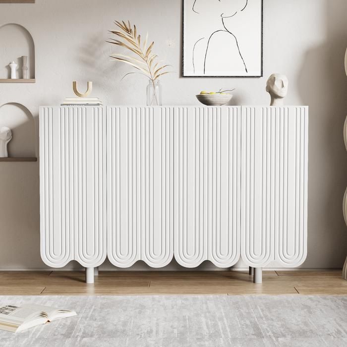 Buffet D'Appoint En Forme De Goutte 120x80,8x37,5 Cm - 4 Portes Sculptées, Charnières Amorties, Meuble De Rangement Salon/Salle à Manger