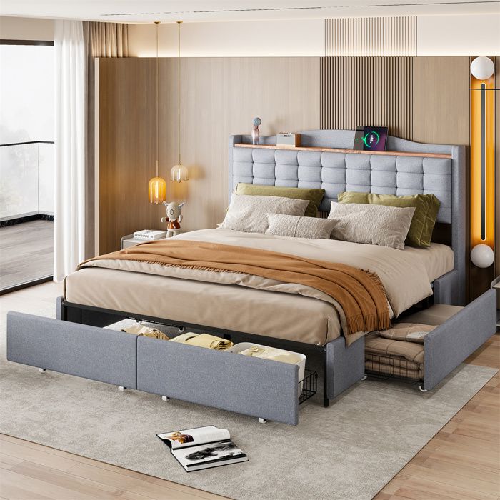 Lit 160x200 avec 4 Tiroirs Rangement Lit Double avec Sommier et Prise USBÉtagèresCadre de Lit RembourréTissu en LinGris Clair