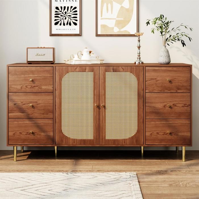 Buffet bas - GUTENT - 160 x 40 x 90 cm - 2 portes en rotin - Bois MDF - Style scandinave