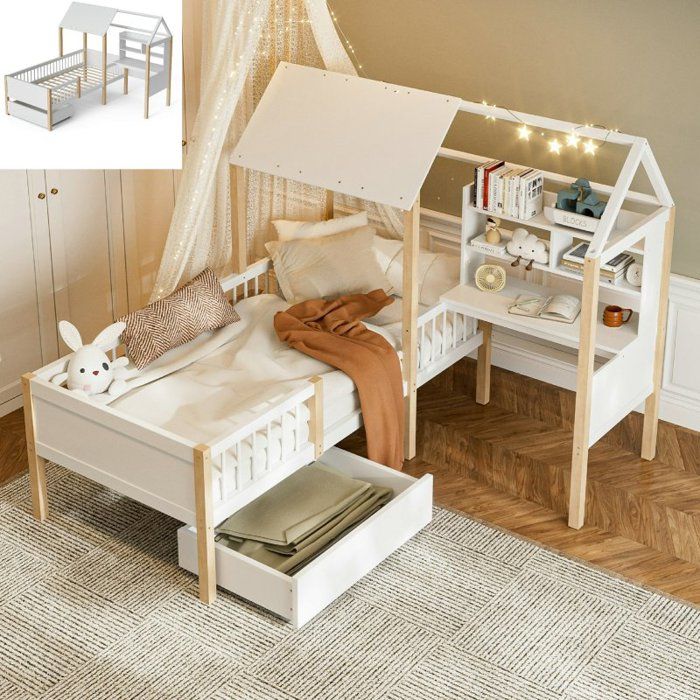Lit enfant - LANGTU - Cabane L - 90x200 cm - Bois massif - Bureau et tiroirs de rangement