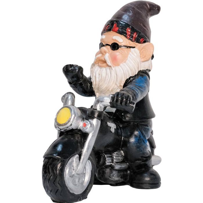 Nain De Jardin Moto Rigolo – Statuette Barbu En Cuir Et Casque Rouge, Décoration Humour Pour Jardin, Terrasse Ou Balcon – Cadeau Fun Pour Papa Ou Collègue