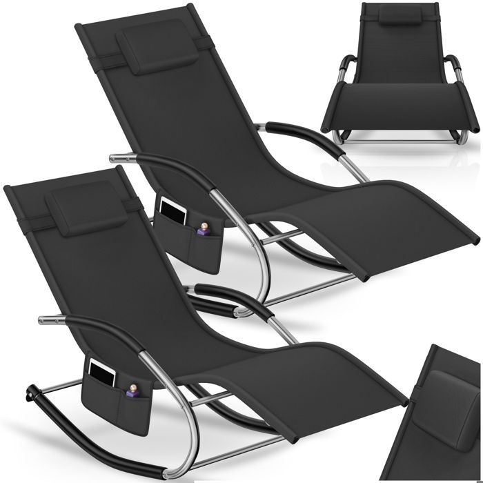 Chaise longue - TECTAKE - Lot de 2 chaises longues TAYA ergonomique et fonction de balancement résistantes aux intempéries - Noir