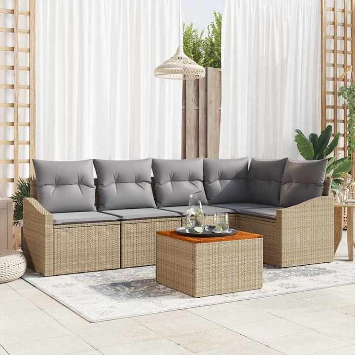 vidaXL Ensemble Salon de Jardin 6 Pièces avec Coussins Beiges en Poly Rattan et Acacia – Parfait pour se détendre dehors 3356502