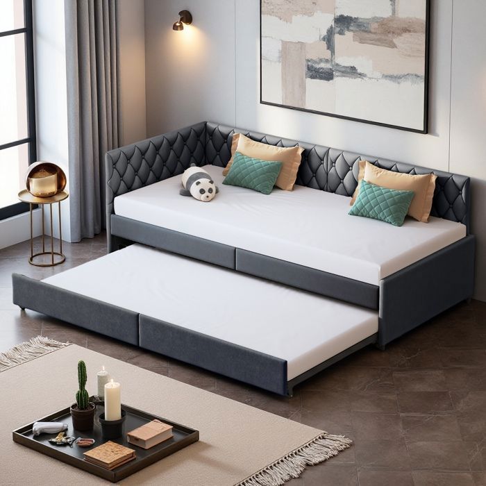 Lit Gigogne 90x200 cm canapé-lit extensible lit double avec avec dossier et reposes-bras cadre à lattes en Velours Gris