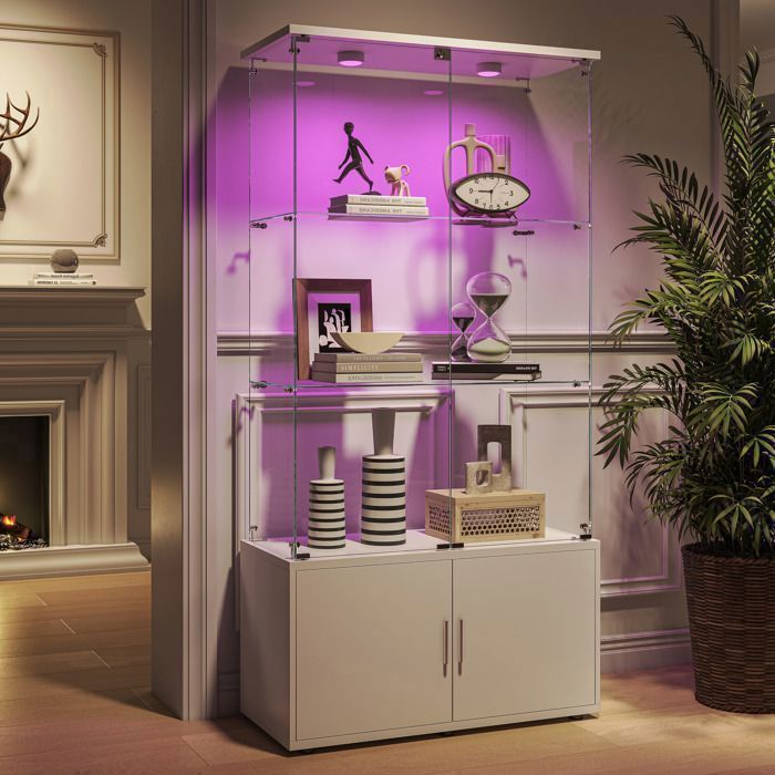 Vitrine blanche en verre trempé 2 portes 3 étagères rangement transparent avec compartiments et éclairage LED