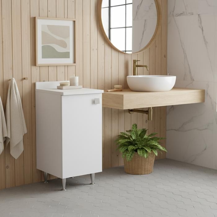 Meuble de rangement - THE WHITE STONE - L45×P38×H85 cm - Blanc mat - Livré monté - Étagère réglable Meuble de rangement - THE WHITE STONE - L45×P38×H85 cm - Blanc mat - Livré monté - Étagère réglable