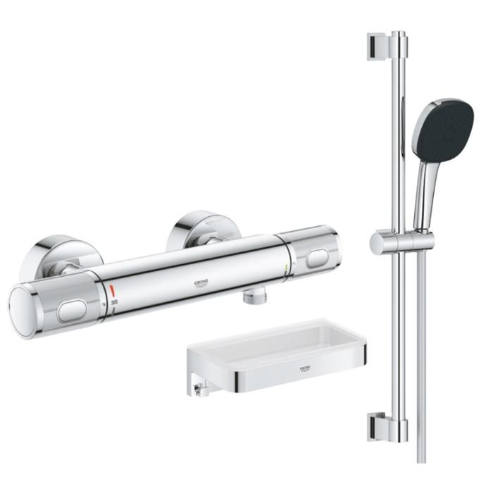 Grohe Mitigeur douche thermostatique Precision Feel + Ensemble de douche 2 jets avec barre + Panier douche