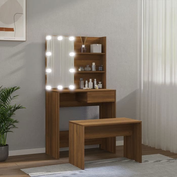 Coiffeuse avec LED - WIENS - Chêne marron - Bois dingénierie - 74.5x40x141 cm - Tabouret inclus