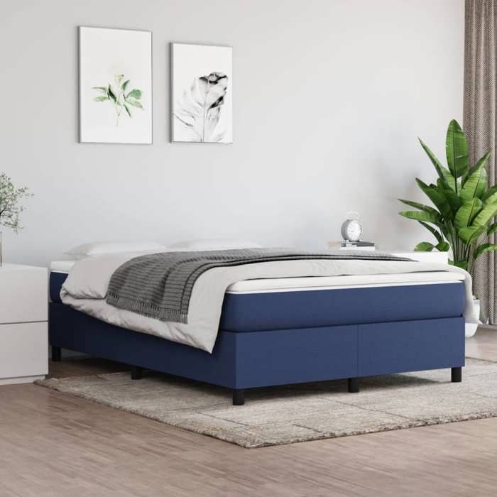Cadre de lit à ressorts - Happiness - 140x190 cm - Bleu - Tissu polyester - Contreplaqué - Bois dingénierie
