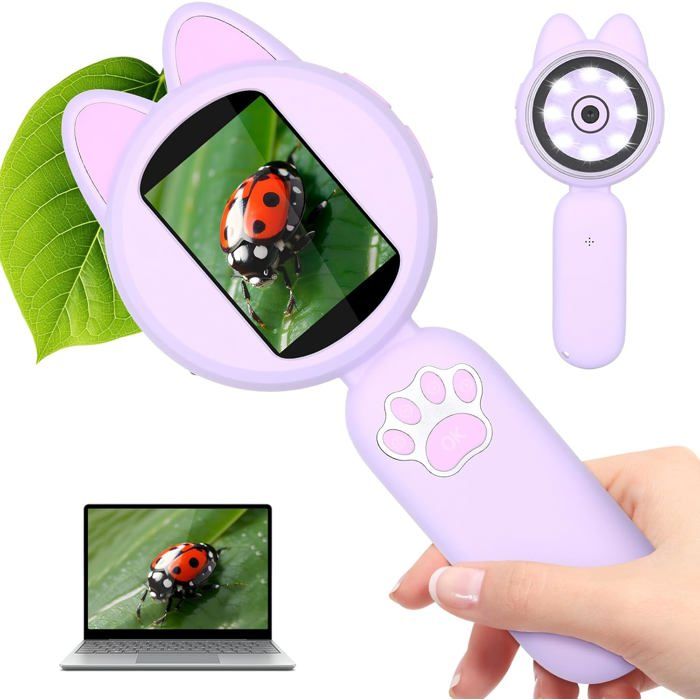 Boddceto Microscope Numérique Pour Enfants – Écran LCD 2″ – 200x Zoom + Loupe – Cadeau Scientifique Violet