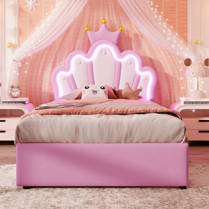 Lit Enfant - MERAX - 90x200 cm - Tête de Lit Couronne Princesse - Éclairage LED - 2 Tiroirs - pour Filles Lit Enfant - MERAX - 90x200 cm - Tête de Lit Couronne Princesse - Éclairage LED - 2 Tiroirs - pour Filles