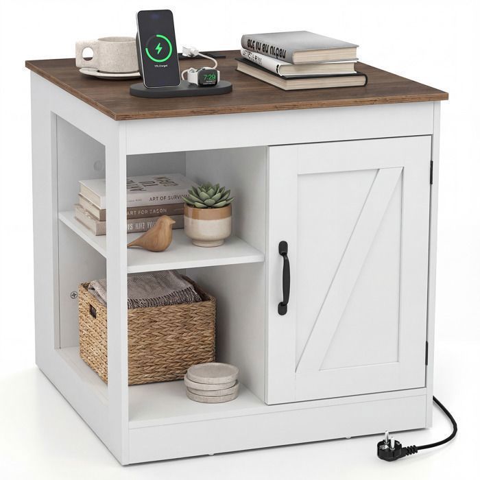 COSTWAY Tables de Chevet 60 x 60 x 61 cm avec Station de Chargement - Étagère Réglable - Porte de Grange Blanc COSTWAY Tables de Chevet 60 x 60 x 61 cm avec Station de Chargement - Étagère Réglable - Porte de Grange Blanc