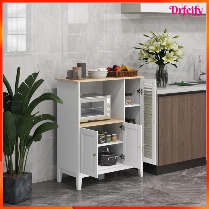 Meuble micro-ondes - AKOZON - 8794 - Blanc et aspect bois - 3 portes - 80x35x97 cm