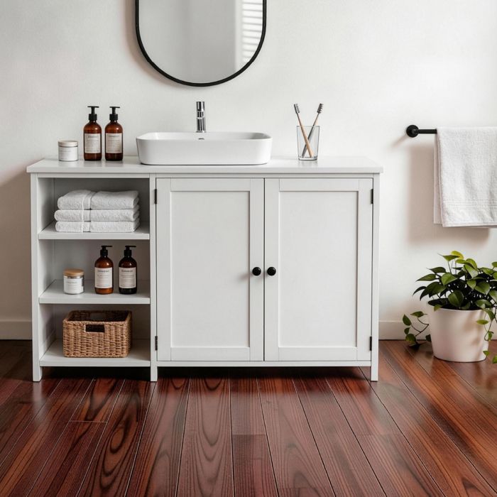 Meuble Sous Vasque ALIGHTUP – 2 Portes + 3 Étagères Ouverts Armoire de Salle de Bain Blanc 90 x 30 x 605 cm