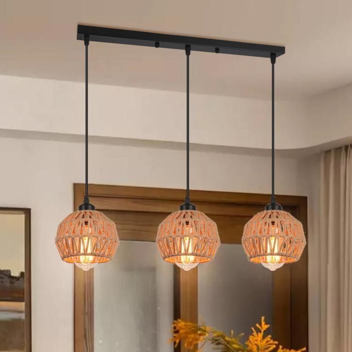 Suspension 3 lampes - SMOTOP - Abat-jour cage métal et rotin - 3x E27 - Style industriel vintage