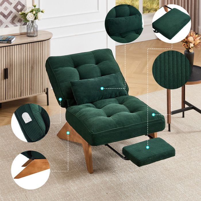 Fauteuil inclinable 127x90x73 cm avec repose-pieds et coussin lombaire - Fauteuil de détente pour chambre à coucher - Fauteuil vert