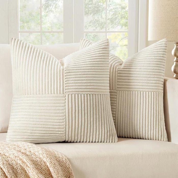 Lot de 2 Housse Coussin en Velours Côtelé 40x40cm Blanc Crème Housse de Coussin Decoratif Coussin de 40 X 40 CM ( HOUSSE DE COUSSIN