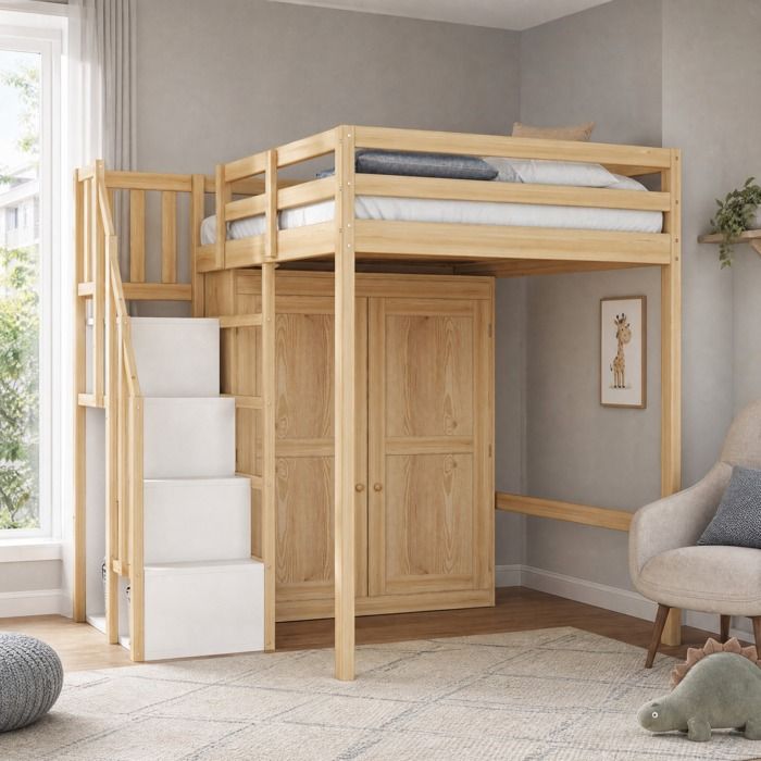 Lit mezzanine enfant 90×200 cm armoire intégrée escalier avec rangement et garde-corps - BEAUNIV - sans matelas bois naturel