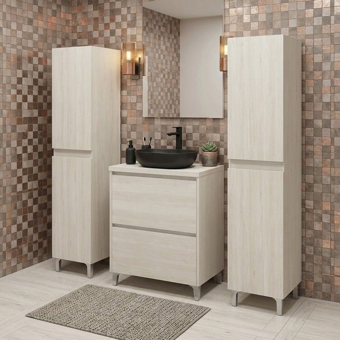 Ensemble meuble vasque L.60cm + 2 colonnes à poser sur pied 2 tiroirs Chêne blanchi LISBONA Ensemble meuble vasque L.60cm + 2 colonnes à poser sur pied 2 tiroirs Chêne blanchi LISBONA