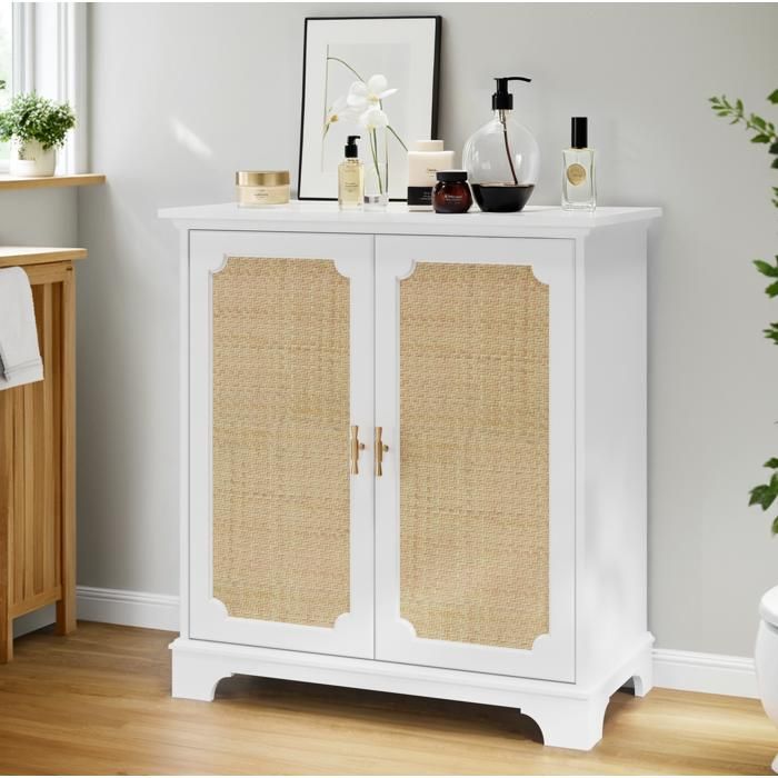 Buffet Moderne - Buffet Bas - 2 portes en effet rotin - 80 x 38 x 86 cm - Blanc