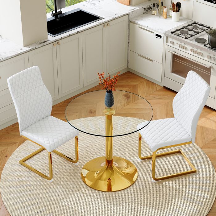 Ensemble Table à Manger Ronde 85 cm EVRYAE - verre trempé et 2 chaises structure métal - Transparent Blanc et Or