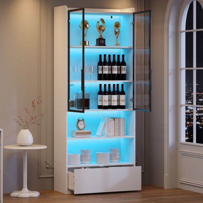 Vitrine blanche 80x34x180cm armoire haute à LED 1 tiroir portes vitrées compartiment ouvert meuble salon décoratif sur pieds Vitrine blanche 80x34x180cm armoire haute à LED 1 tiroir portes vitrées compartiment ouvert meuble salon décoratif sur pieds