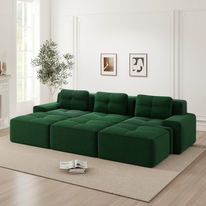Canapé Angle Vert 293x177x69cm - 3 Places Velours Côtelé - Sans Cadre Couchage - 3 Tabourets - Salon Confort Modulable Doux Canapé Angle Vert 293x177x69cm - 3 Places Velours Côtelé - Sans Cadre Couchage - 3 Tabourets - Salon Confort Modulable Doux