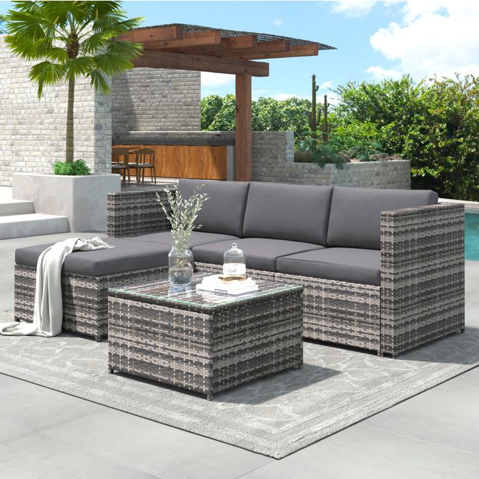 JOINERY Salon Bas De Jardin Canapé Angle 4 Places Résine Tressée Grise Table Basse Verre Coussins Acier Balcon Terrasse