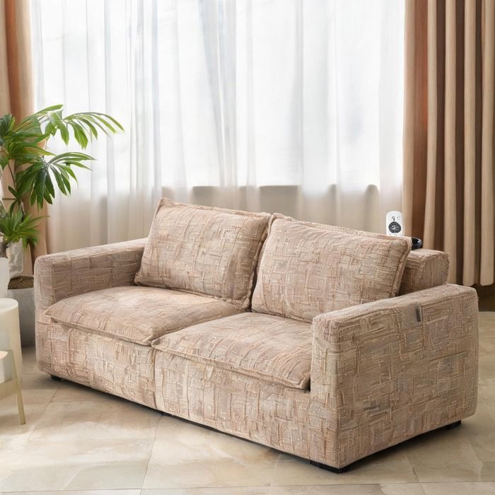 Canapé 3 places en chenille warm beige avec pouf et porte-gobelet garnissage mousse et ressorts