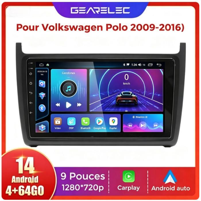 Autoradio 9 Pouces Android 14 pour Volkswagen Polo 2009-2016 avec CarPlay Android Auto Sans Fil Bluetooth WIFI GPS RDS FM 4Go+64Go