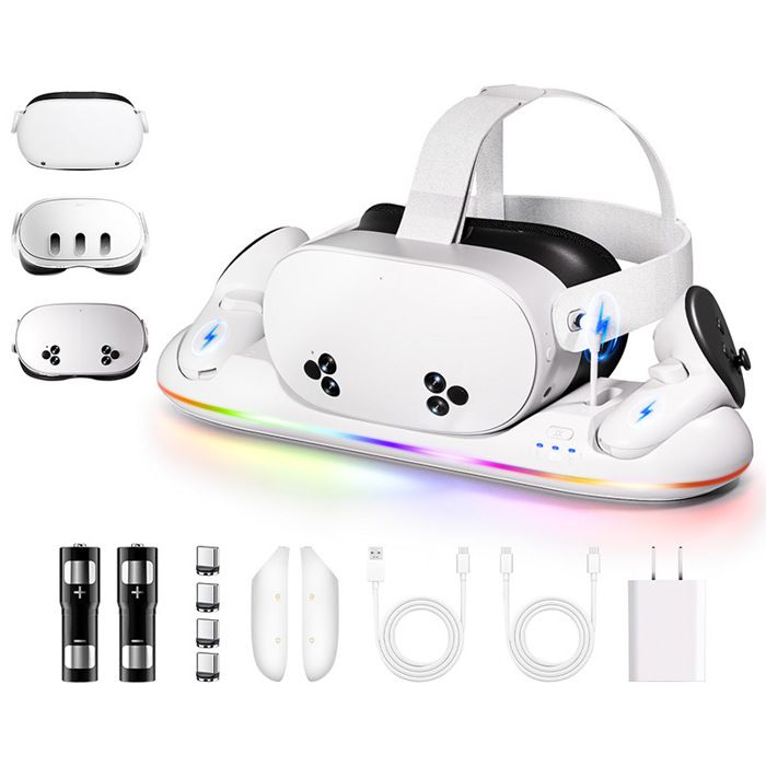Station de charge Convient pour Meta Quest 2 Quest 3 Quest 3S dock 30W recharge rapide casque VR et contrôleurs RGB blanc
