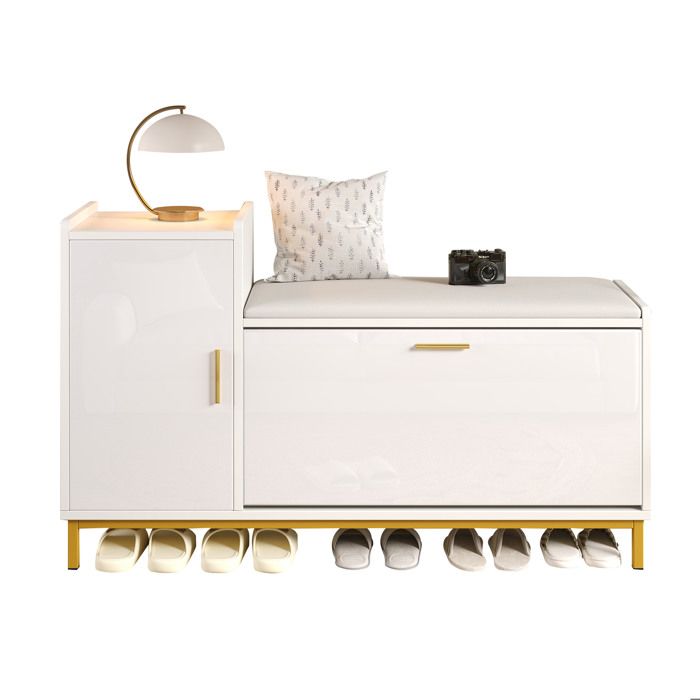 Meuble à chaussures avec 2 étagères 1 placard et coussin d’assise - pour entrée - 100×38×68 cm - blanc et or