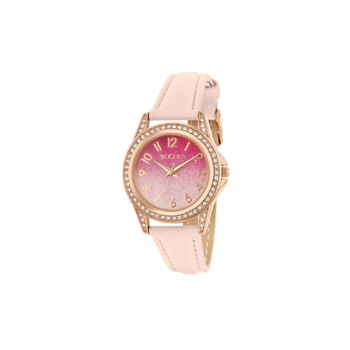 Montre Tikkers Fille Quartz avec Bracelet Simili Cuir Rose Pailleté Cadran Dégradé Rose TK0176