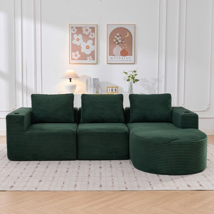 Modenuit canapé dangle compressé 265 x 176 x 60 cm velours côtelé vert rétro 3 coussins 2 porte-gobelets