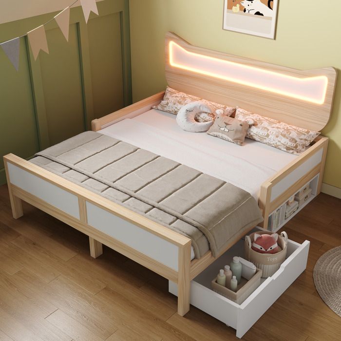 ROVRYN Lit enfant 140 x 200 cm avec tete de lit chat LED RGB sommier a lattes tiroir blanc et chene