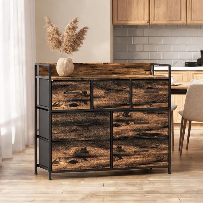 Buffet de rangement industriel 98 cm 7 tiroirs en tissu marron acier et MDF