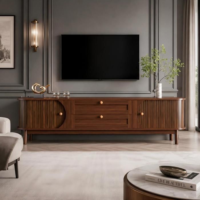 Meuble TV Effet Noyer 170 cm COZHYESS Meuble TV Bas avec Portes Tiroirs Coins Arrondis Pieds en Bois Grand Rangement - Noyer