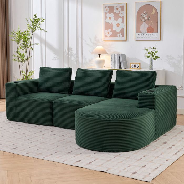 Canapé compressé 2 places avec méridienne 258 x 171 cm vert rétro velours côtelé 3 coussins 2 porte-gobelets ORVRYN