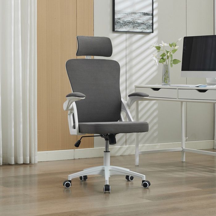 Chaise de bureau ergonomique dossier haut avec appui-tete hauteur reglable accoudoirs relevables gris et blanc
