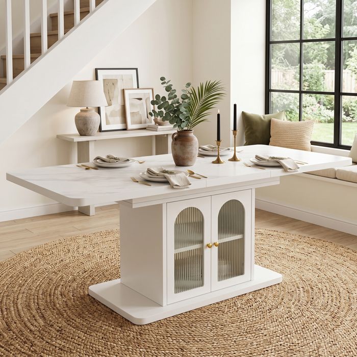Table à manger extensible 6-8 personnes 150-200x80 cm avec rangementLED via applicationplateau épais 24 cmblanc effet marbre