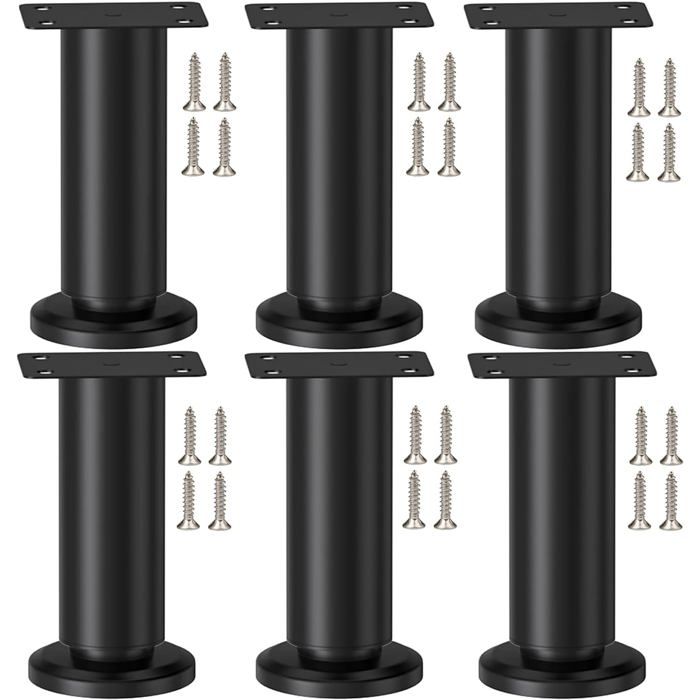 Pied de meuble réglable acier noir - Lot de 6 - Hauteur 12-18 5 cm - Vis autotaraudeuses et patin antidérapant