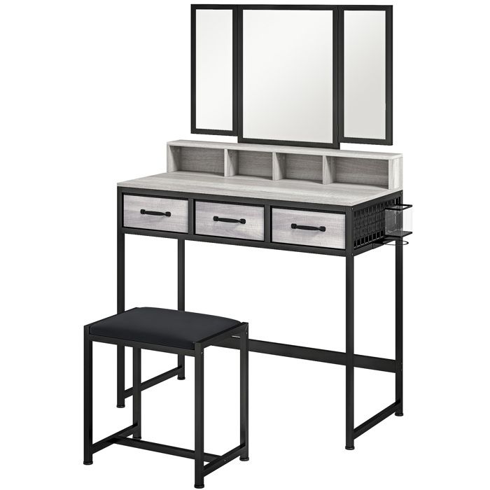 YWJ Coiffeuse de maquillage avec miroir triptyque démontable tabouret 3 tiroirs en tissu support pour sèche-cheveux gris