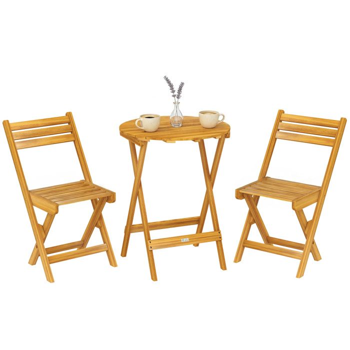Ensemble bistrot 3 pièces pliable table ronde et 2 chaises en bois dacacia sans montage pour jardin