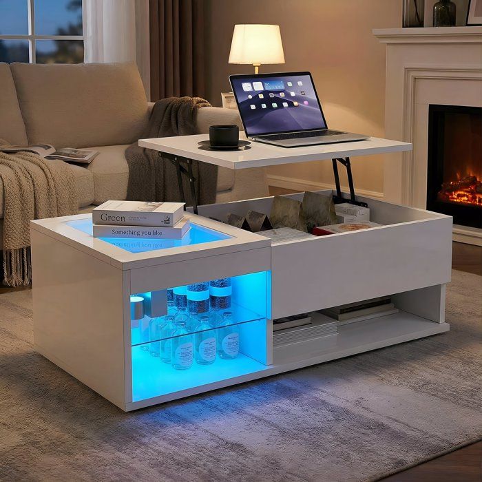 Table Basse Relevable Multifonction Blanche Brillant Éclairage LED RGB Grand Espace de Rangement Table à Café Moderne pour Salon