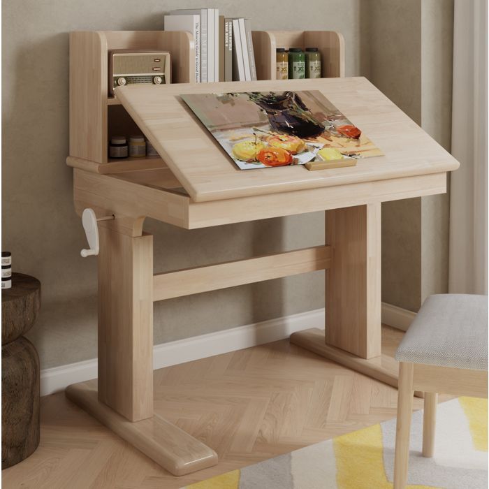 Bureau enfant réglable en hauteur 92 x 60 x 89-110 5 cm plateau inclinable 0° à 43° manivelle rangements bois JOINERY