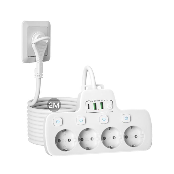 Multiprise plate 4 prises avec fiche plate - 2 ports USB-C et USB-A - interrupteur individuel - fixation murale - câble 2 m - 4000 W
