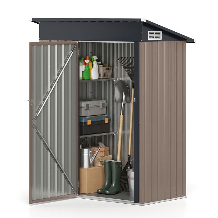 Abri de Jardin Extérieur 150x89 5x186 cm COSTWAY-2 Etagères Réglables-Toit Incliné-Évent d’Aération-Porte Verrouillable-Gants-Marron
