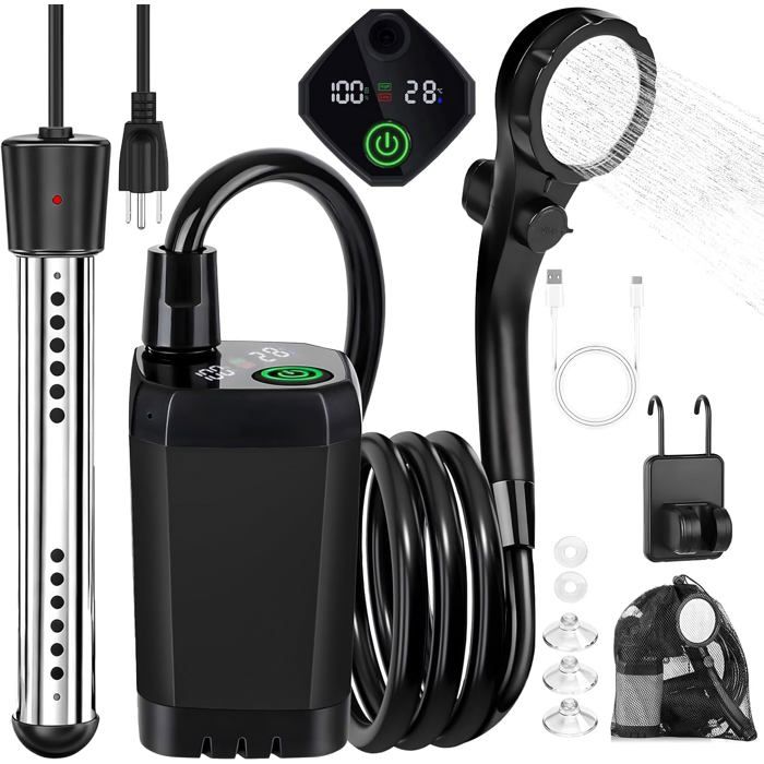 Douche de camping chauffante 2000 W batterie 6000 mAh écran LED idéale pour voyage randonnée voiture & animaux